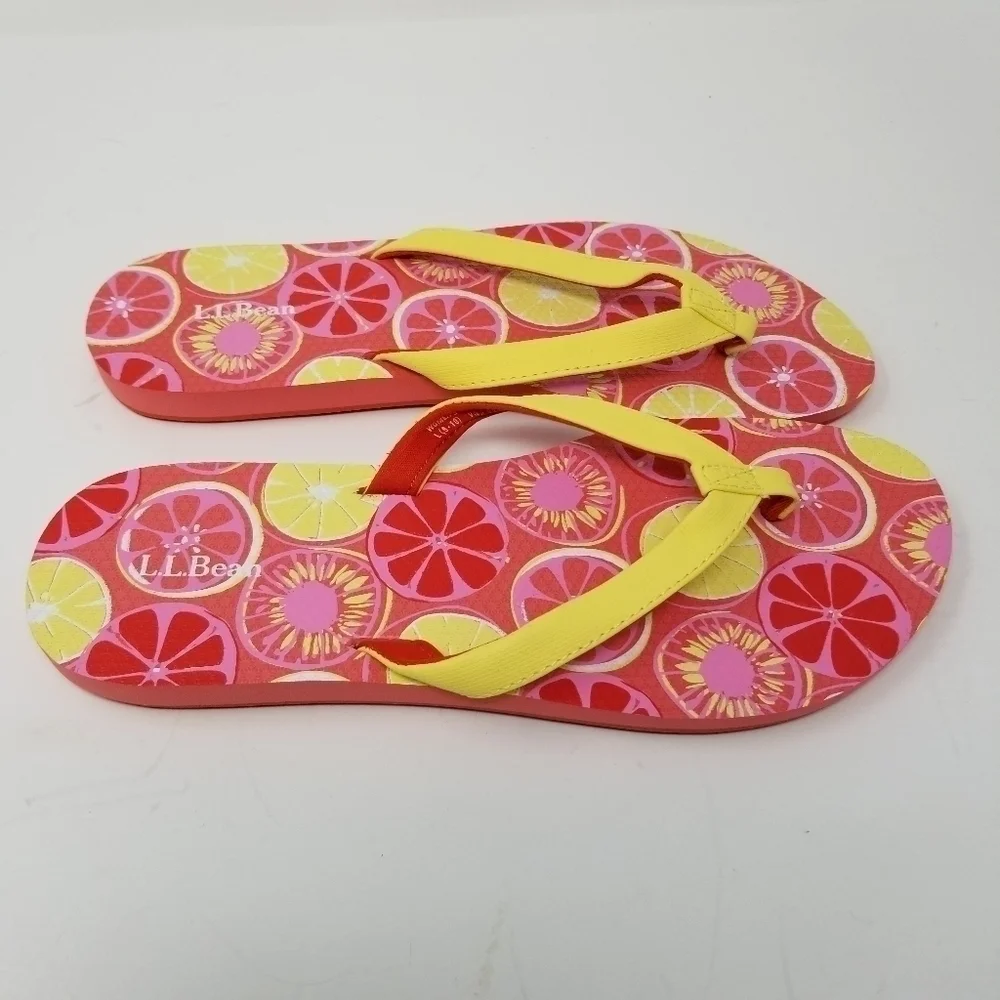LL Bean Womens Flip Flops Sandals Sz L 9-10 Thong Citrus Fruit Print Pink Yellow